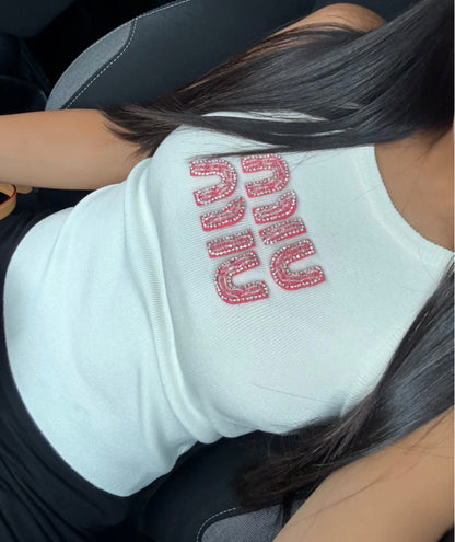 TOP MIU MIU BLANC AVEC LOGO BRODÉ ROSE